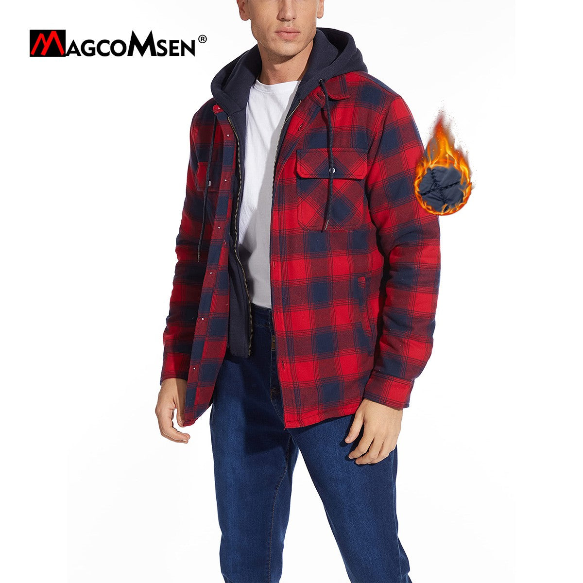 MAGCOMSEN Men's Flannel Jacket with Removable Hood 5 Pockets Plaid Quilted Lined Winter Coats Thick Hoodie Outwear Fleece Jacket