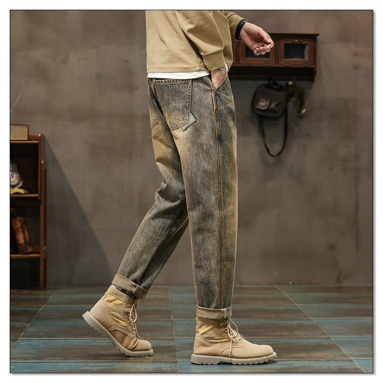 Autumn and Winter Men's Loose 95% Cotton Jeans Retro Yellow Mud  Street Hip-hop Baggy Harem Pants Outdoor Boys Workwear Pants