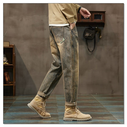 Autumn and Winter Men's Loose 95% Cotton Jeans Retro Yellow Mud  Street Hip-hop Baggy Harem Pants Outdoor Boys Workwear Pants