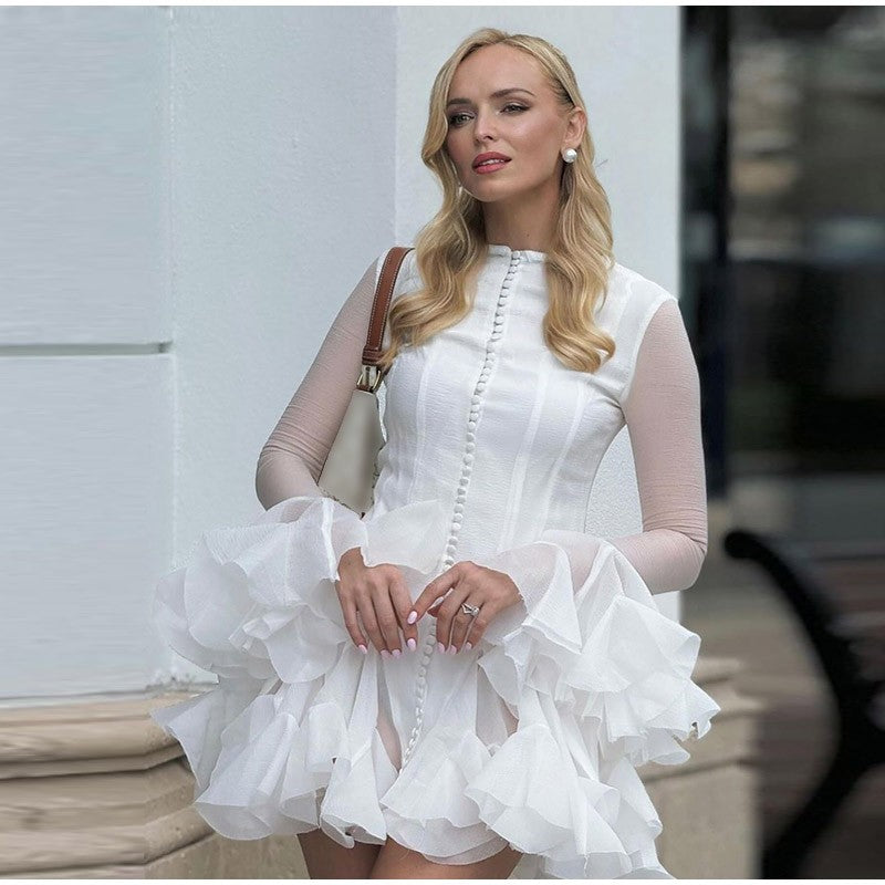 Solid Women Layered Ruffles Midi Dress Fashion Irregular Pleated A-line Long Sle