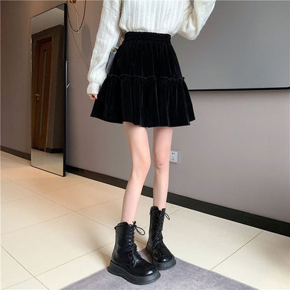 Black Velvet Patchwork Mini Skirt Women Sweet Solid A Line High Waist Skirt Fashion Pretty Style Pleated Summer Student Skirt