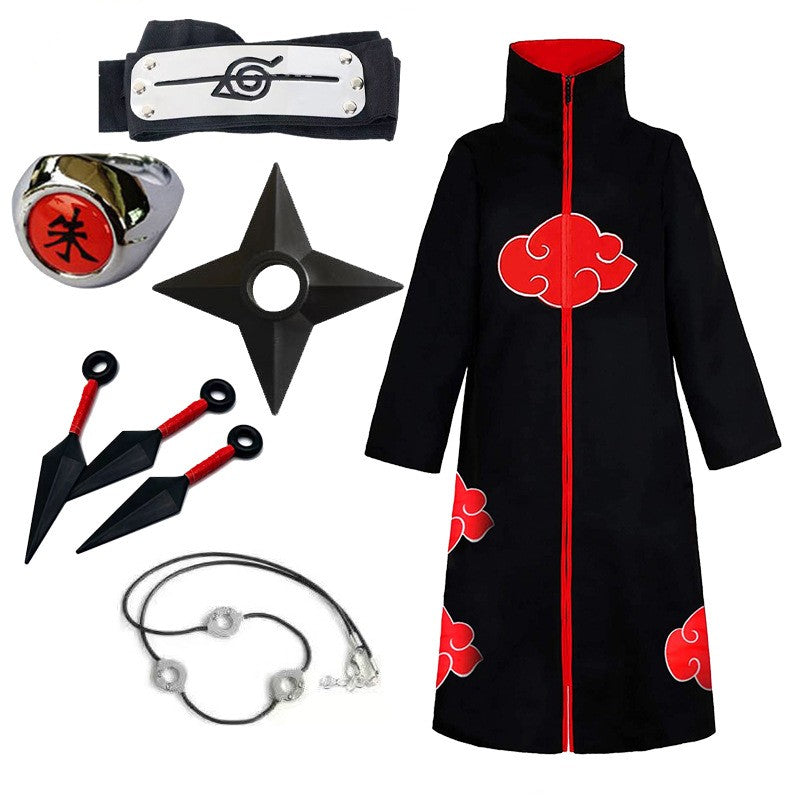 AnimeNinja Cosplay  Akatsuki Cosplay Ninja Costume Uchiha Itachi Red Cloud Cloak Robe Cloak Headband Props Halloween Clothe
