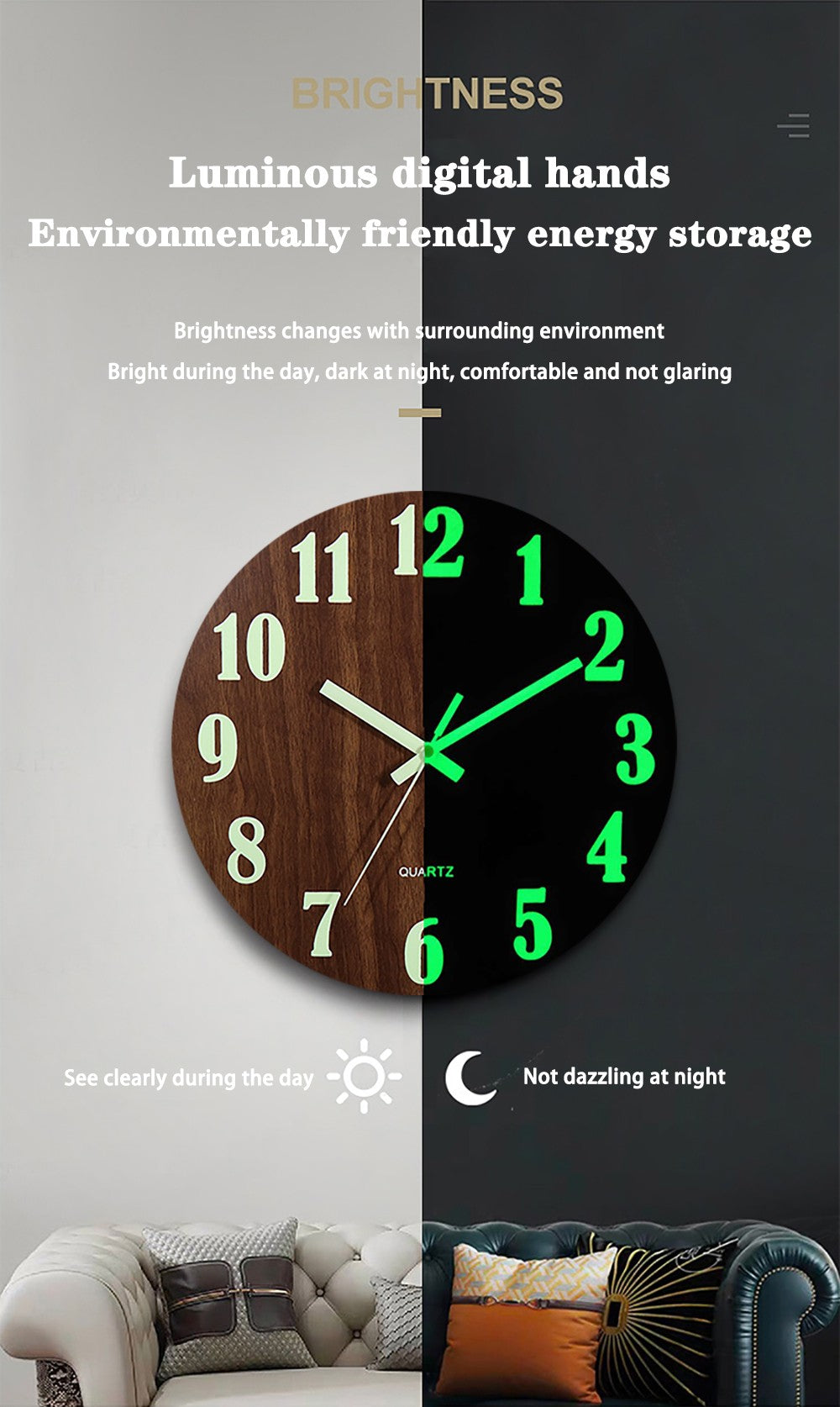12 Inch Luminous Wall Clock Wood Silent light in dark night Nordic Fashion Wall Clock Non Ticking Clock With Night Light