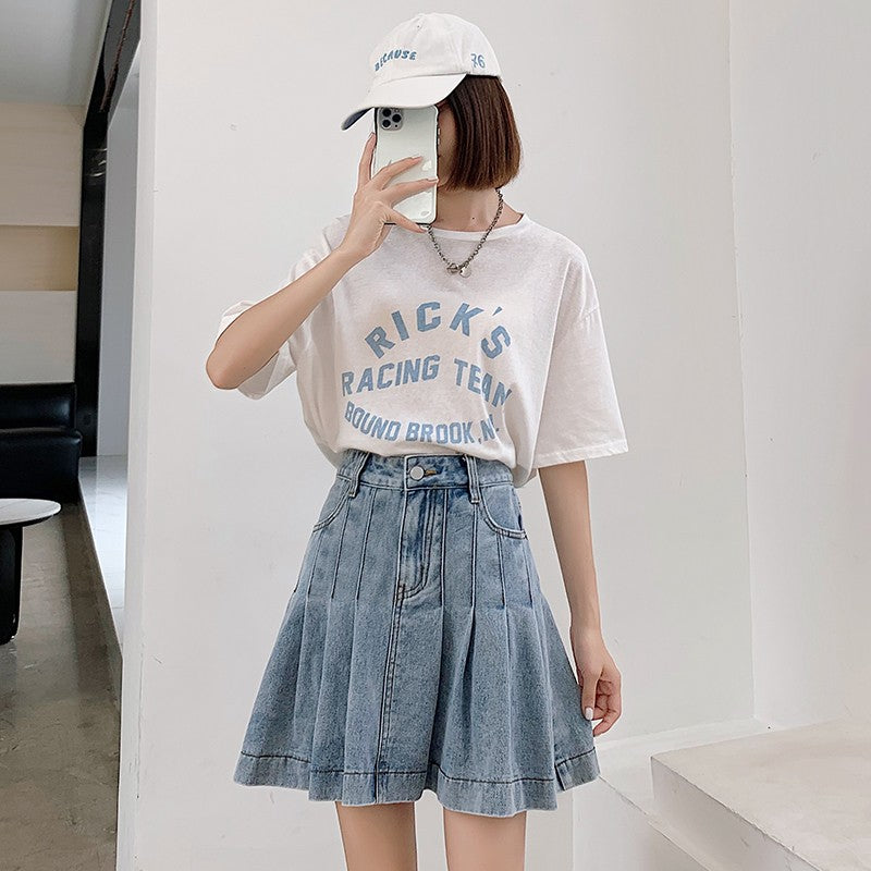 New Summer 2024 Plus Size Denim Skirt Women High Waist Pleated Large Size A Line Mini Jean Skirt Women Streetwear Saia Hot Sale