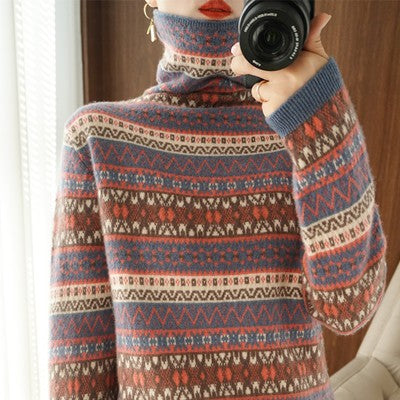 Autumn and Winter New 100% Wool Cashmere Sweater Women's High Neck Pullover Casual Knitted Loose Korean Fashion Color Block Top
