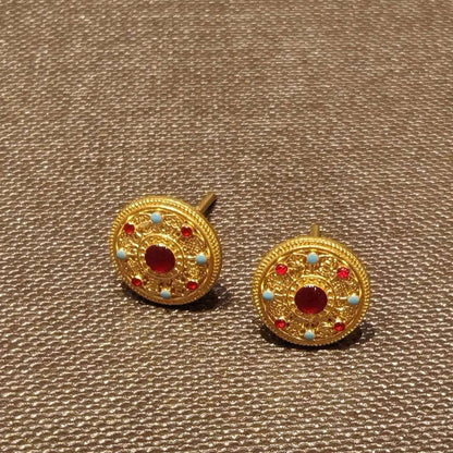 Elegant Enamel Craft Enamel Eight Treasures Compass Stud Earrings For Women 24K Gold AU999, Delicate glaze with ancient charm