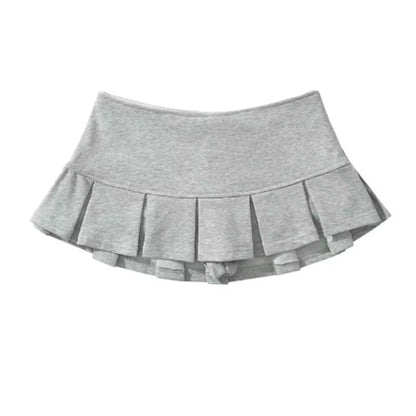 Mooyufon Fabric Y2K Mini Skirt Women Low Waist Wide Pleat Light Grey Sexy Vintag