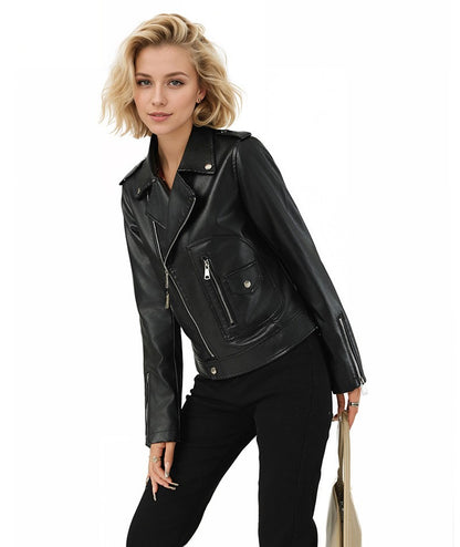 Women's Short-Length Black Leather Jacket for Fall, Fashionable Casual PU Jackets, Sizes: S M L XL.