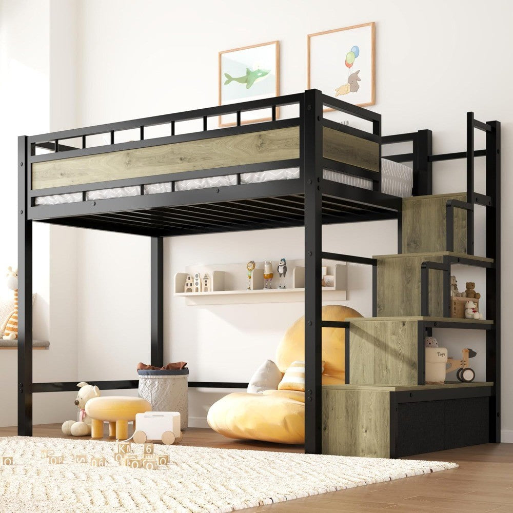 Twin Size Metal Loft Bed with Storage Stairs & Drawers Heavy-Duty Space-Saving Bed Frame for Teens And Juniors No Box Spring Nee