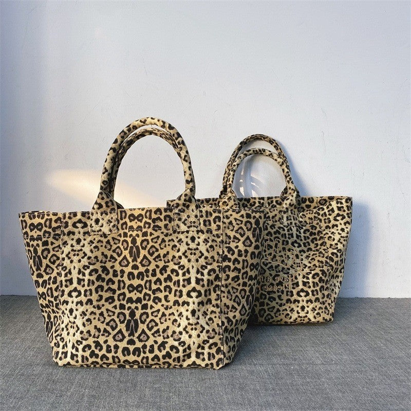 Korean Fashion Leopard Pattern Shoulder Bag Trendy Letter Embroidery Tote Bags Women Canvas Large Capacity Handbag Shopping Bags