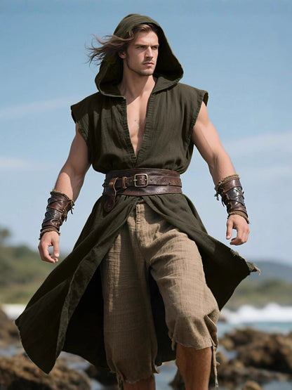 Men's Medieval Hooded Surcoat Renaissance Tabard Sleeveless Tunic Cloak Viking Costume Holloween Assassin Cosplay