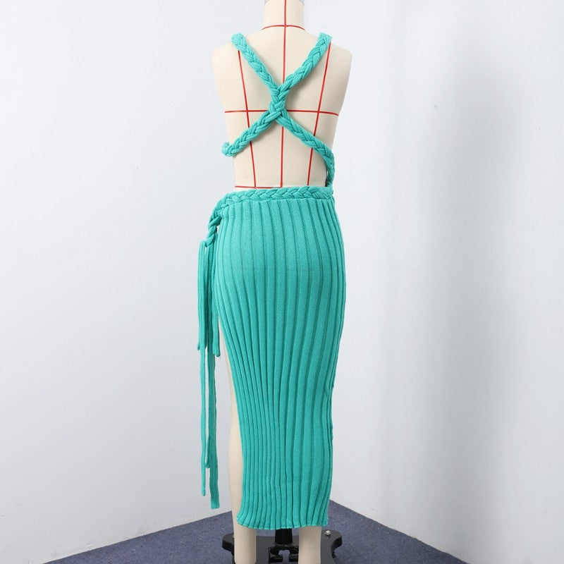Sexy Knit High Slit Backless Long Dress Women Green Ribbed Hollow V-neck Dresses