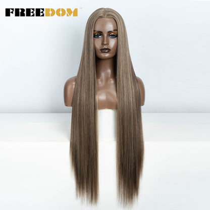 Peruca frontal de renda sintética FREEDOM para mulheres, 38 polegadas, longa, lisa, ombré, marrom, vermelho, gengibre, destaque, perucas frontais de renda, peruca de cosplay