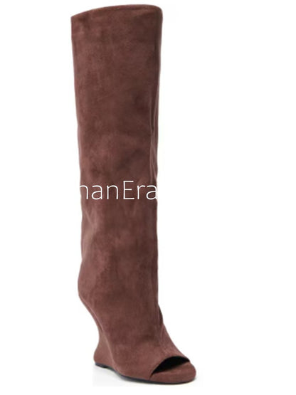 2025Spring and Autumn Fashion New Thick High Heels Women's Knee Length Wide Tube Version Fish Mouth Boots Middle Top Boots