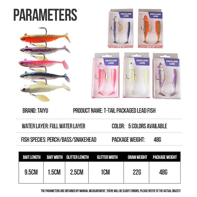 Iscas de Pesca TAIYU de Venda Quente 20g Jig Head T-tail Isca Macia de Silicone Wobbler Isca Colher Giratória de Metal para Pesca de Lúcio Truta Baixo
