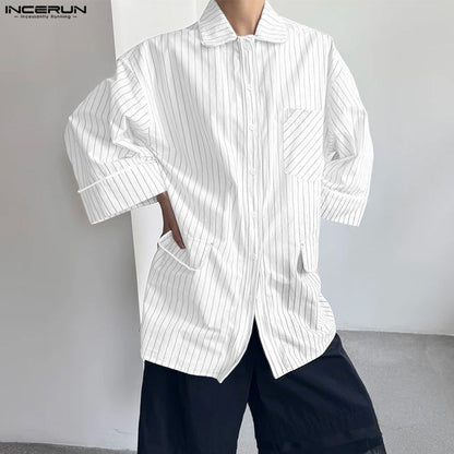 INCERUN Men Striped Shirt Lapel 3/4 Sleeve Oversize Casual Men Clothing Streetwear Korean Style Loose Fashion Tops Male Shirts