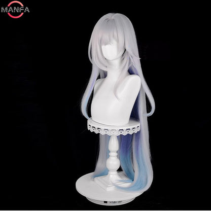 Peruca Skirk Cosplay 105cm Longa Branca Prateada com Gradiente Azul Cabelo Sintético Resistente ao Calor Perucas de Anime + Touca de Peruca