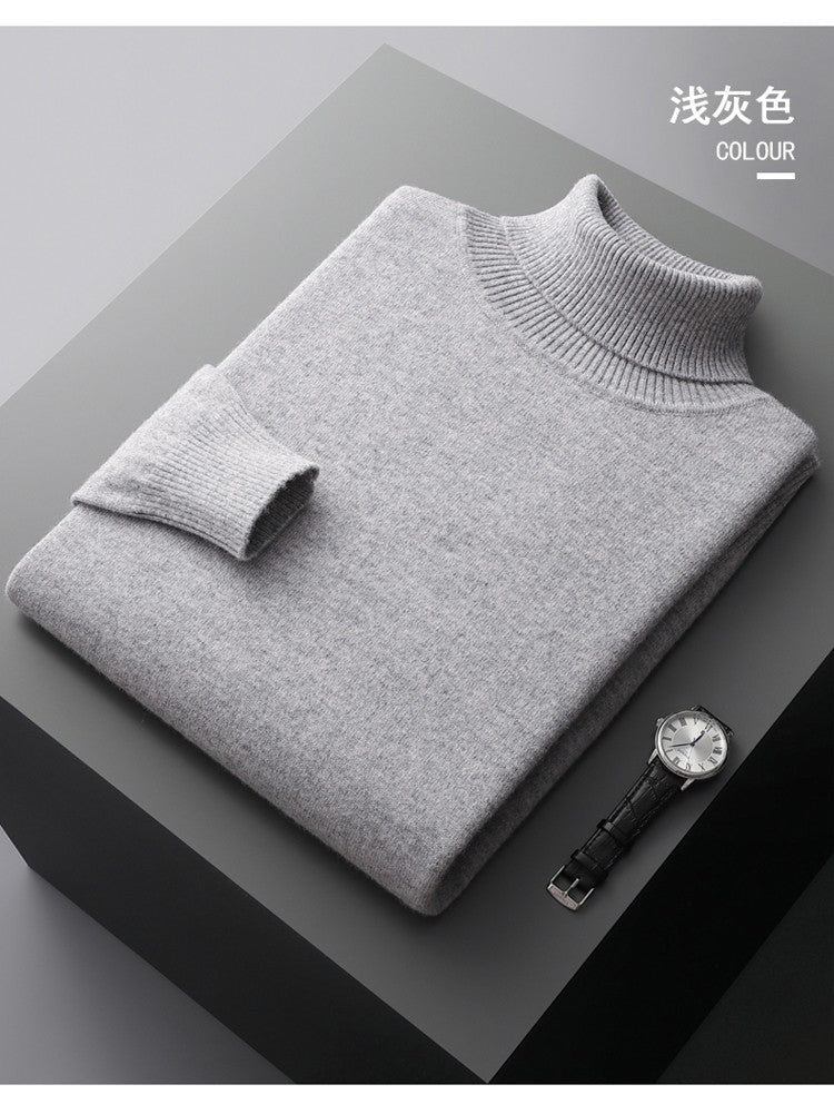 100%Merino Wool Lapel Sweater Men's Turtleneck Loose Knit Pullovers Youth Business Casual Joker Tops Warm Solid Color Base Shirt