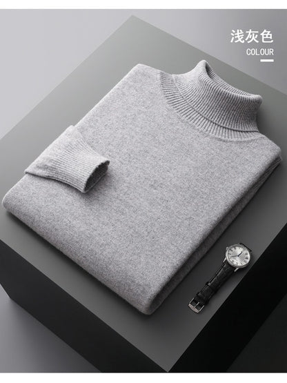 100%Merino Wool Lapel Sweater Men's Turtleneck Loose Knit Pullovers Youth Business Casual Joker Tops Warm Solid Color Base Shirt
