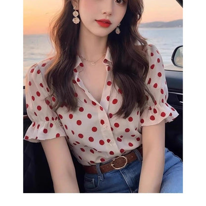 Ladies Fashion Loose Simplicity Elegant Trend Vintage Women's Shirt Buttons Polka Dot Flare Sleeve Temperament Short Sleeve Top