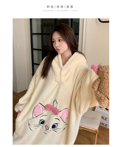 Camisola de Gatinha Marie da Disney Kawaii Desenho Animado Feminino Inverno Veludo Coral Longo Veludo Grosso Solto com Capuz Robe de Banho