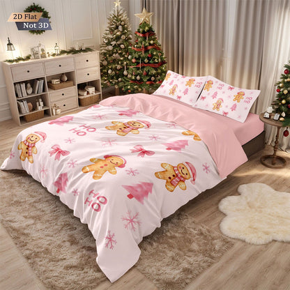 3pcs pink Merry Christmas gingerbread printed coreless bedding set multi size bedroom bedding holiday decoration comfortable