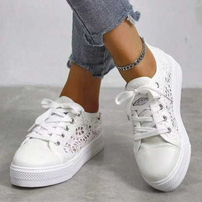 Women Shoes Fashion Summer Casual White Shoes Cutouts Lace Canvas Hollow Breathable Platform Flat Shoes Woman Sneakers