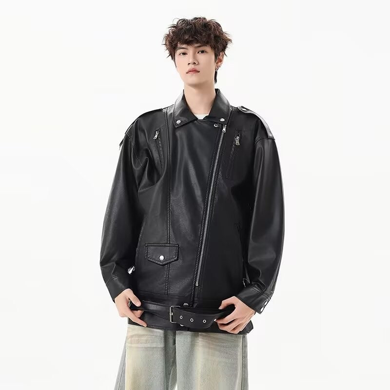 American Retro High Street Loose Motorcycle Biker Black Pu Faux Leather Jackets with Belt Spring Autumn Male Zipper Coat Outwear