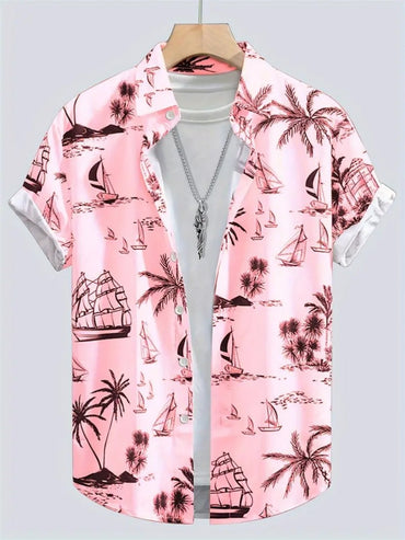 Summer Men's Shirt Coconut Tree 3D Print Casual Short Sleeve Lapel Tops Beach Casual Hawaiian Shirt Men Oversized Shirts For Men