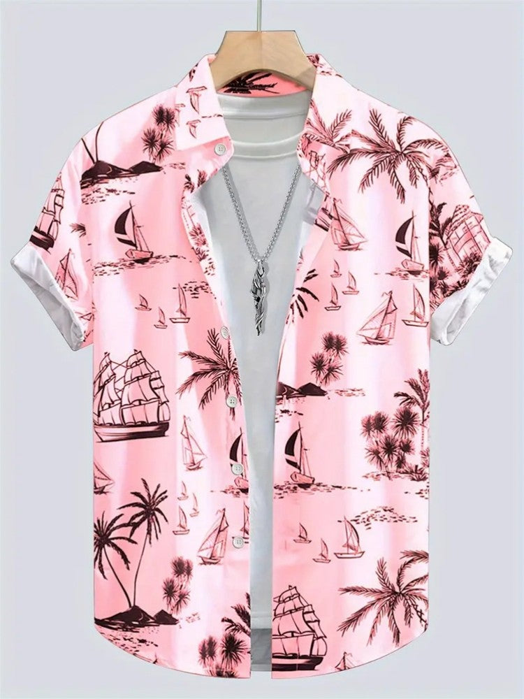 Summer Men's Shirt Coconut Tree 3D Print Casual Short Sleeve Lapel Tops Beach Casual Hawaiian Shirt Men Oversized Shirts For Men