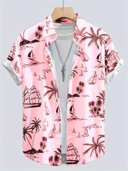 Summer Men's Shirt Coconut Tree 3D Print Casual Short Sleeve Lapel Tops Beach Casual Hawaiian Shirt Men Oversized Shirts For Men