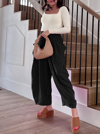 Women's Stretched-waist Pleated High-waisted Wide-leg Trousers Spring Autumn Fashion Cotton Linen Pocket Casual Trousers Woman