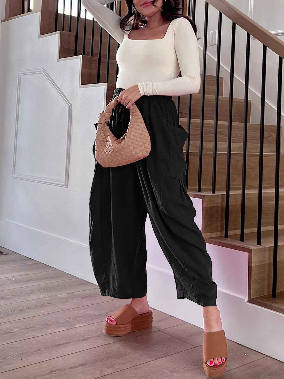 Women's Stretched-waist Pleated High-waisted Wide-leg Trousers Spring Autumn Fashion Cotton Linen Pocket Casual Trousers Woman