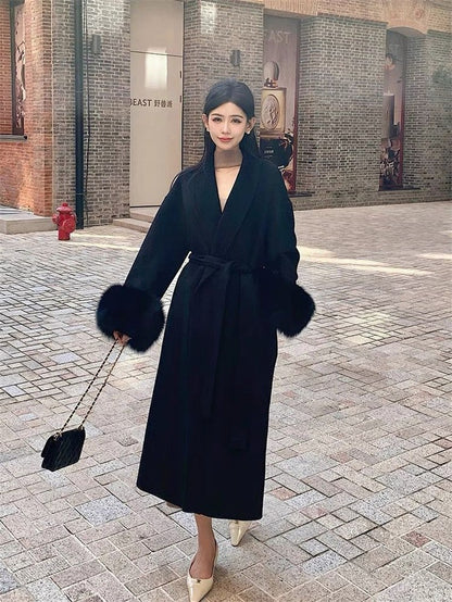 Korean Style Temperament Fur Collar Fashion Women's Coat Medium To Long Simple Casual Woolen Coat Slimming Versatile Woolen Coat