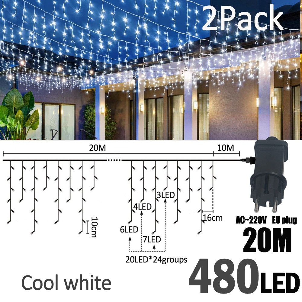 LED Christmas Icicle Curtain String Lights 20M+10M 480LED Extens 8Modes, Plug in Waterproof for Wedding Party Home Garden