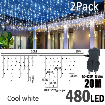 LED Christmas Icicle Curtain String Lights 20M+10M 480LED Extens 8Modes, Plug in Waterproof for Wedding Party Home Garden