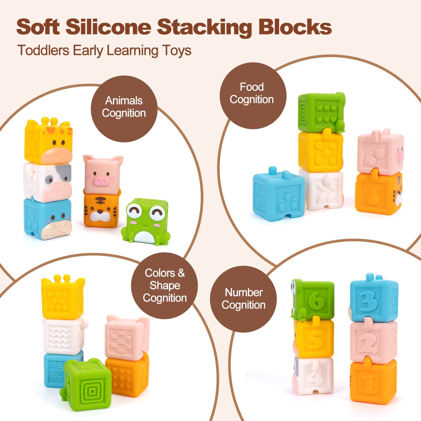 Brinquedos de blocos de montar de silicone macio para bebês Cubo 3D de animais brinquedos de empilhar Brinquedos sensoriais educativos Montessori para bebês Brinquedos de banho