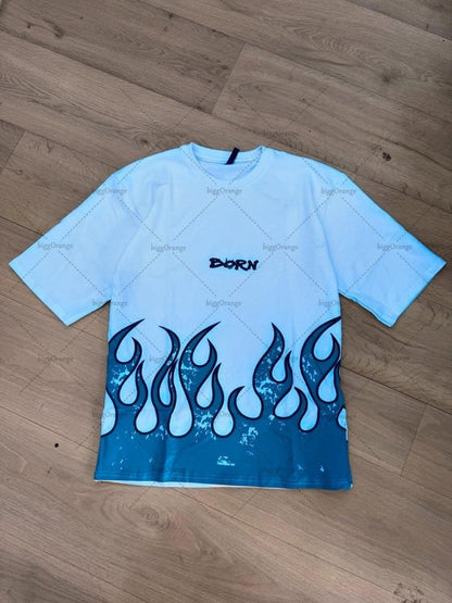 High Street Trendy Clothing Retro Fashion Flame Harajuku Oversized T-shirt Men Street Hip-hop Casual Loose Short Sleeve Women