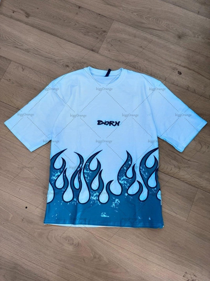 High Street Trendy Clothing Retro Fashion Flame Harajuku Oversized T-shirt Men Street Hip-hop Casual Loose Short Sleeve Women