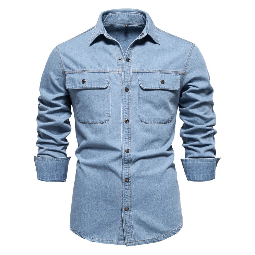 New Autumn 100% Cotton Mens Denim Shirts Solid Color Long Sleeve Cowboy Shirt Coat Fashion Casual Jean Shirt for Men