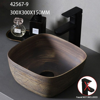 Cuba de Cerâmica Marrom para Lavatório de Banheiro Oval Artística para Mesa de Banheiro, Bacia de Lavar Roupa para Varanda, Bacia de Pedestal Acima do Balcão
