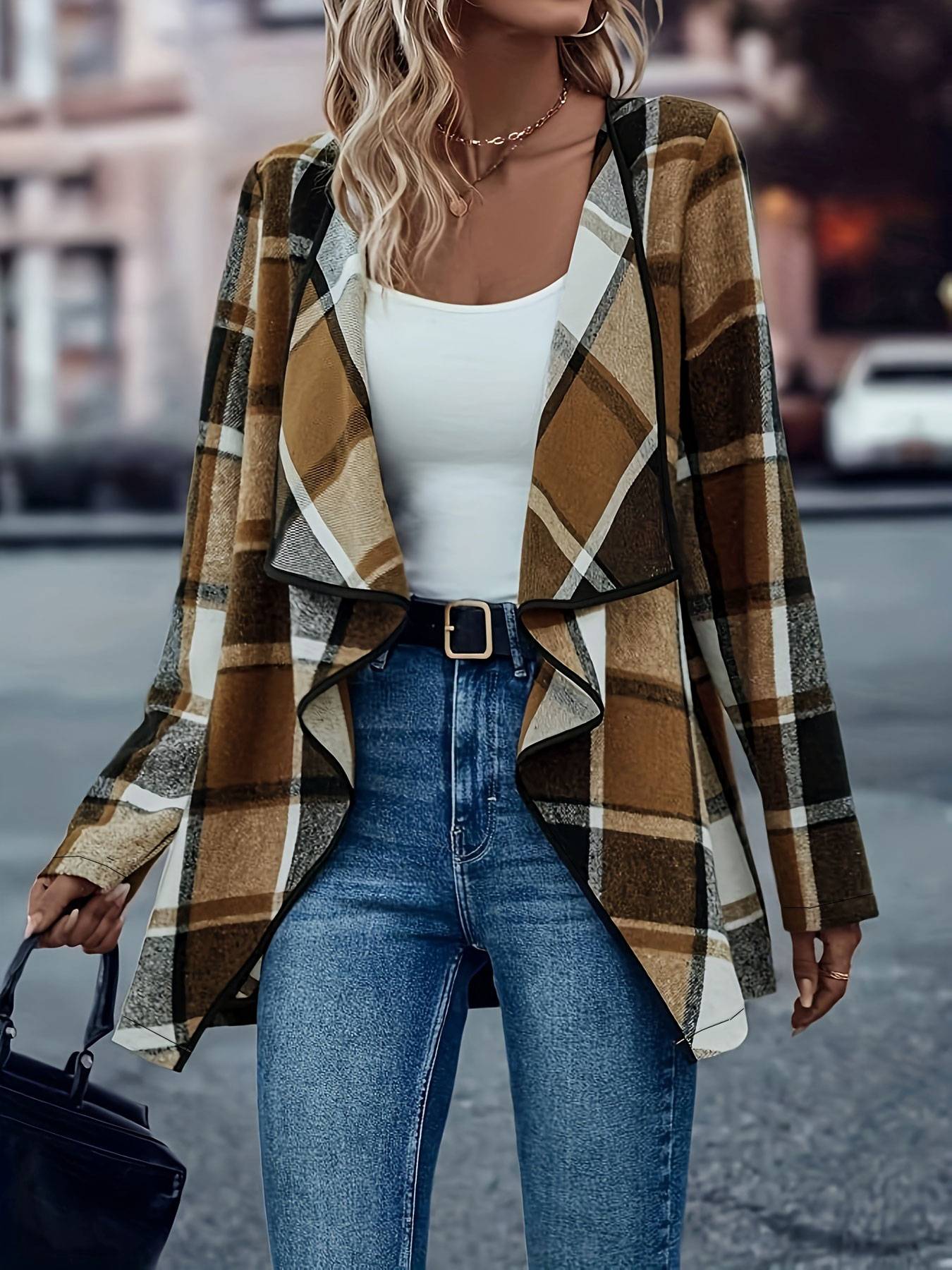 Women Plus Size Woven Open Front Long Sleeve Checkered Pattern Casual Jacket Classic Plaid Outerwear for Spring Autumn