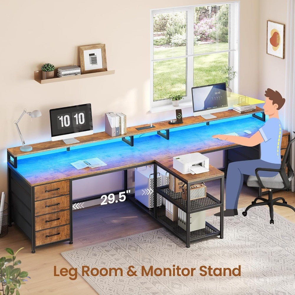 94.5" 2 Person Gaming Desk, Long Office Computer Desk with 8 Drawers & LED Lights, Two Person Desk with Storage, Power St