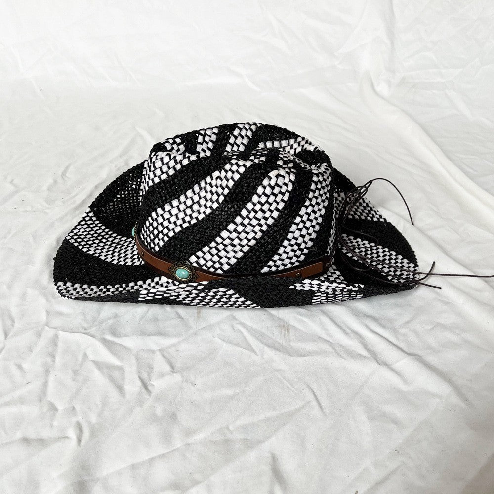 Ethnic Style Contrast Color Straw Cowboy Hat Mens Wide Brim Western Caps with Belt for Outdoor Party Vacation Sun Hats