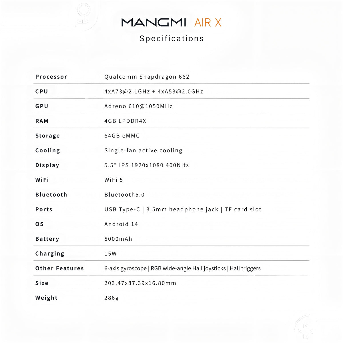 MANGMI AIR X Handheld Game Console with Qualcomm Snapdragon 662 5.5'' Touchscreen Android14 Fast Charging Active Cooling Fan RGB
