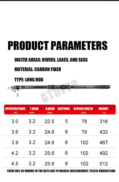 Cana de Pesca Telescópica de Carbono Portátil de 3,0M-4,5M, Vara de Pesca Giratória para Barco, Água Salgada, Água Doce, Surfcasting, Baitcasting