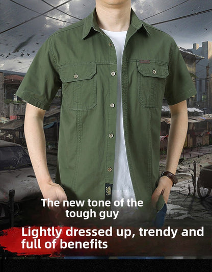 Summer Cargo Shirt Men's Casual Retro Cotton Pocket Short Sleeve Coat plus size Outdoor Camping Fishing Sweat Absorbing Shirt