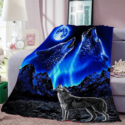 Howling Wolf Print Flannel Plush Throw Blanket – Super Soft, Cozy Throw with Majestic Wolf & Mountain Design for Bedroom or Sofa