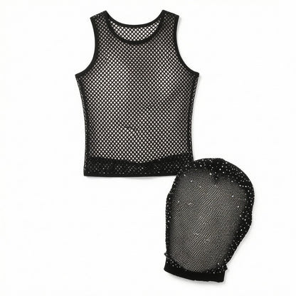 Transparent Mesh Vest Ultra Thin Fishing Net with Matching Headscarf and Hood for Cosplay Beach Swimming Wear