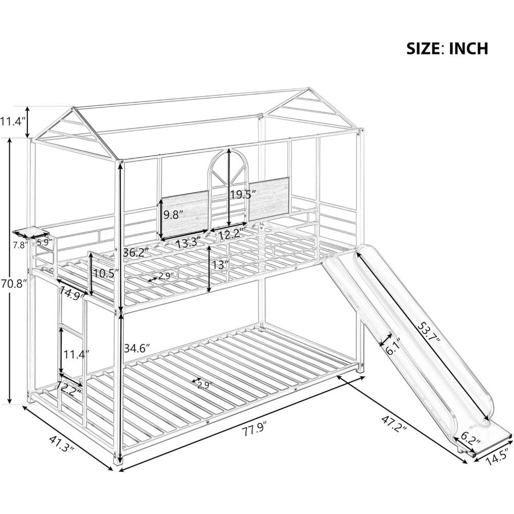Over Twin Metal Bunk Bed with Slide and House Design, Black Bed Frame with Red Slide